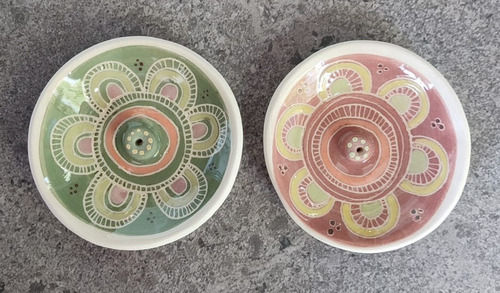 Porta Sahumerio De Cerámica Artesanal Redondo Decorado X2 Multicolor Pack Mandala