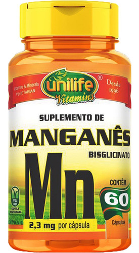 Manganês Quelato Puro 50mg Mn 60 Vegan Caps Unilife