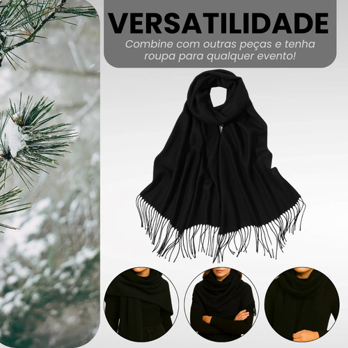 Cachecol Elegante Adulto Com Franjas Macio E Confortável Preto Liso Unico