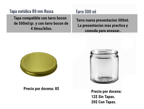 Tarro/frasco Bocón Vidrio Con O Sin Tapa Metálica(500gr/ml)