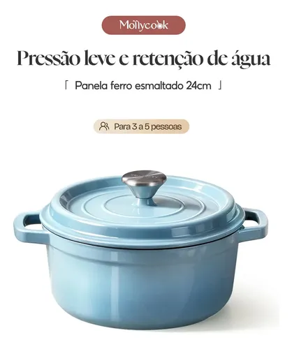Panela Caçarola De Ferro Esmaltado 24cm 3.8L Fogão Indução Azul Mollycook