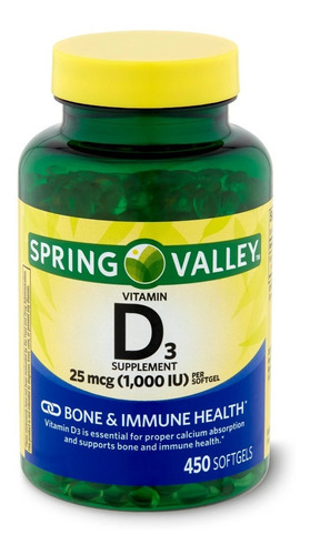 Vitanina D3 25 Mcg 1000iu Spring Valley (450 Softgels) Sabor S/n