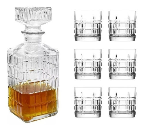 Set Botellón Decanter Whiskera Y 6 Vasos Brit Whisky Rejas 