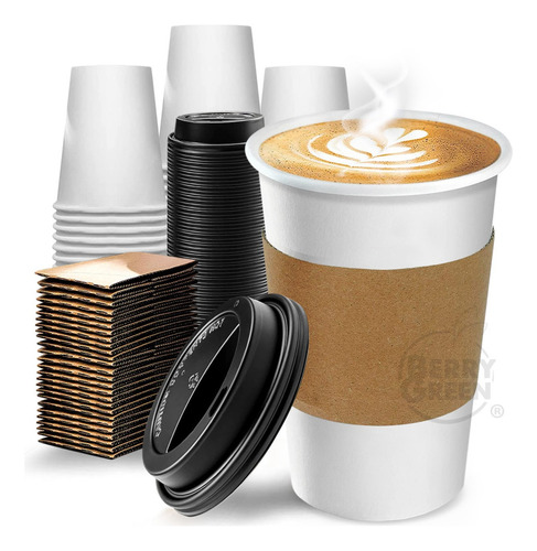 Berry Green 500 vasos desechables para café 16 oz (473 ml) con tapa y manga protectora resistentes sin derrames biodegradables ideales para bebidas calientes