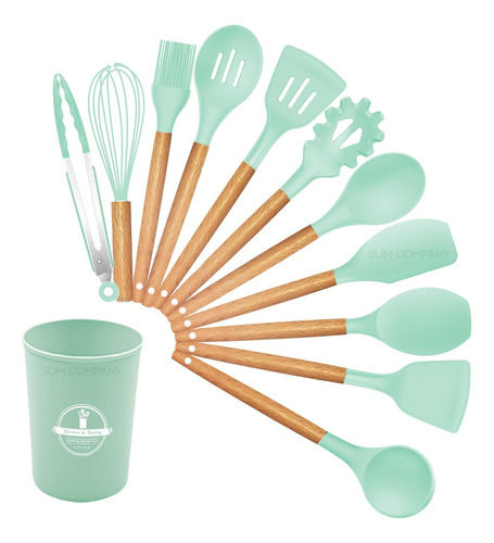 Set Utensilios Cocina Silicon 12 En 1 Bambú Temperatura Color Verde