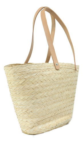 Cartera Bolso Canasto Playero Playa Palma Deco Mate Manijas Acabado De Los Herrajes Metal Color Natural Correa De Hombro Marrón Diseño De La Tela Palma Cocida