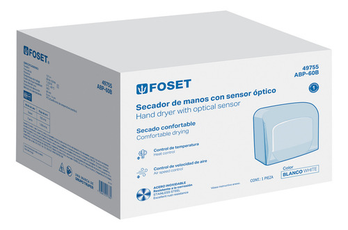 Secador de manos con sensor óptico, acero inoxidable, color blanco Foset ABP-60B