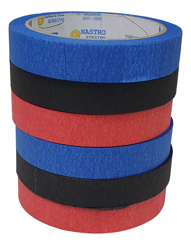 Kit 6 Fita Crepe Colorida 18mm X 30m Fitas Adesivas 3 Cores Cor Azul Vermelho Preta