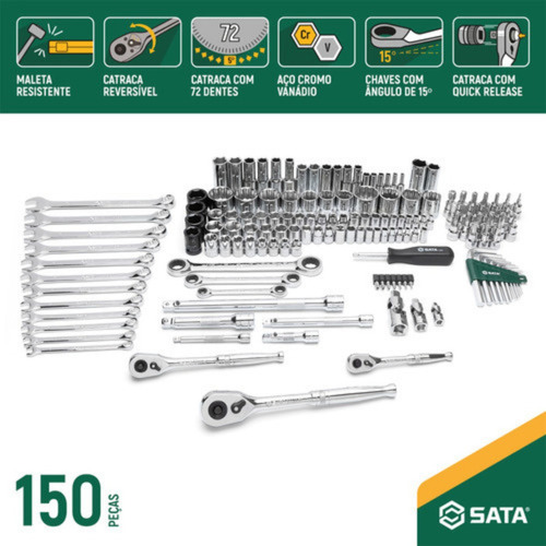 Jogo Ferramentas Completo 150 Peças Kit Chaves Maleta Sata