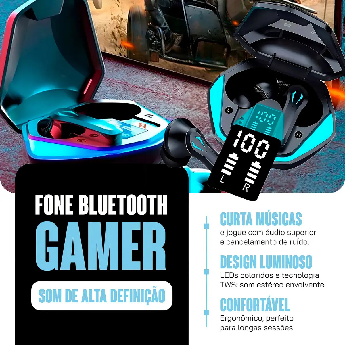 Fone de Ouvido Casenn G9S Bluetooth TWS Gamer Preto com Microfone e LED