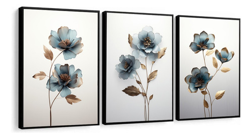 Quadros Decorativos Parede Azul Flores Sala Quarto Moldura