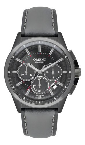 Relógio Orient Masculino Solartech Solar Aço Couro Myscc009 Correia Cinza Bisel Grafite Fundo Grafite