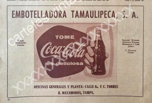 Cartel Retro Coca Cola Embotelladora Tamaulipeca S.a 1953