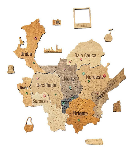 Mapa Antioquia Madera Pared Relieve 3d Colección Colombia 
