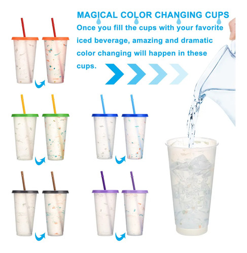Vasos Magicos Cambian De Color Con Tapa Y Popote 720ml 5pzs