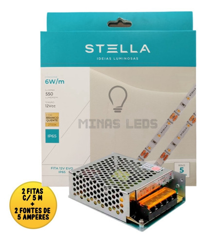 Fita Led Stella 10 Metros 6w/m 2700k Quente Ip65 +2 Fonte 5a Cor da luz Branco-quente Tensão de operação 12V 110V/220V