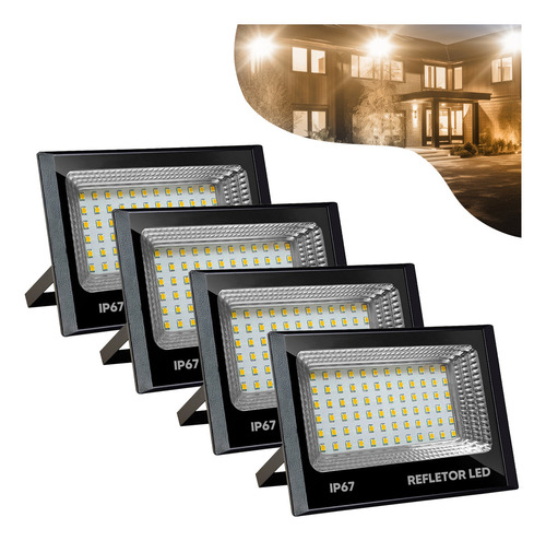 Kit 4 Refletor Holofote 100w Super Led Ip67 Prova D´agua Cor Da Carcaça Preto Cor Da Luz Branco Quente 3500k 110v/220v