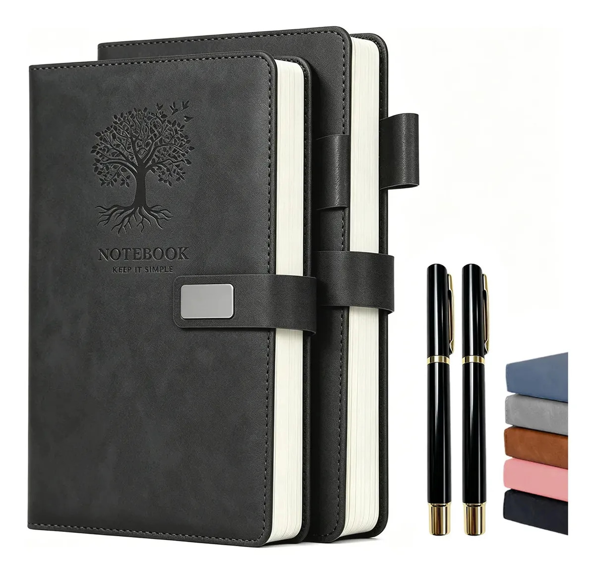 2 Cuadernos A5 Tapa Dura De Piel, 360 Páginas + 2 Bolígrafos Negro