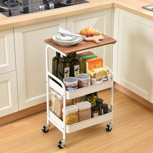 Carro de almacenaje metálico de 3 pisos con tablero de madera Zhenyue Multipurpose Organizer Cart color blanco