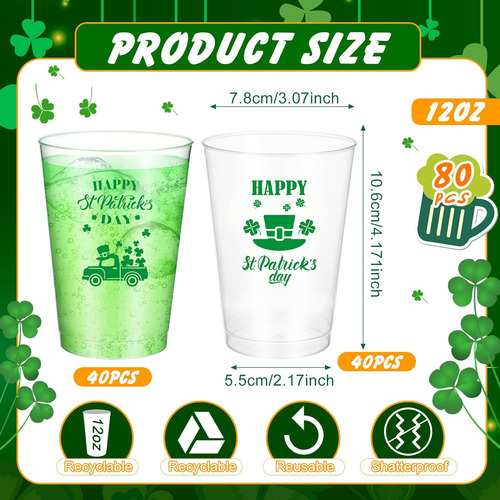 80 Vasos De Plástico Desechables Para El Día De San Patricio