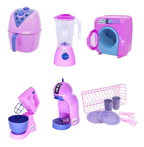 Kit Cozinha Infantil Rosa Air Fryer Louça Máquina Lavar 14pç