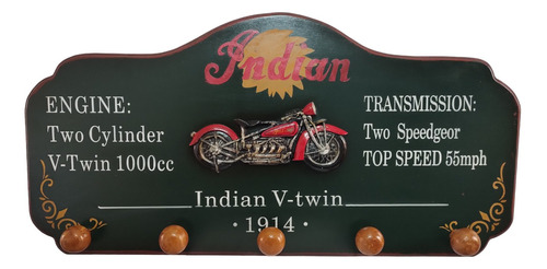 Cuadro Decorativo Colgador Moto Indian 5 Ganchos.