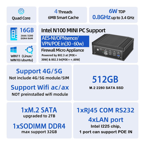 N100 Mini Pc Micro Firewall 4 * 2.5gbe I225 Puertos Lan Pote