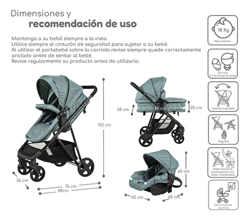 Carriola D Bebe Travel System Prince Con Autoasiento Color Negro Chasis Verde