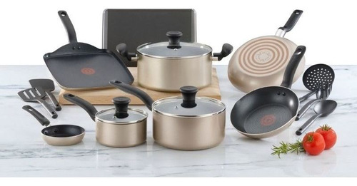 Bateria De Cocina Antiadherente 16 Pzas Aluminio Tefal/t-fal Color Dorado