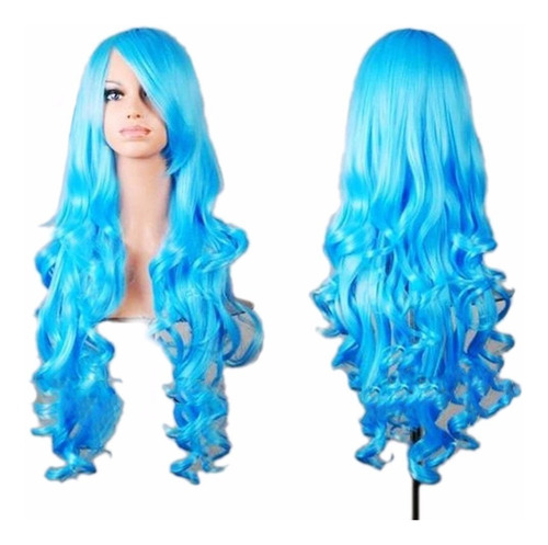 ¡ Peluca Ondulada 80cm Azul Celeste Kanekalon Cosplay !