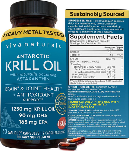 Aceite De Krill Antartico 1250 Mg  Omega 3 60 Cap
