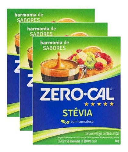 3 Adoçante Zero Cal Stévia Em Pó Sem Glúten 40g 50 Saches