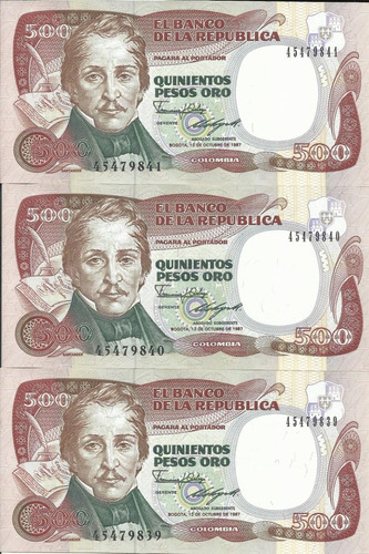 Colombia Trío Números Consecutivos 500 Pesos 12 Octubre 1987