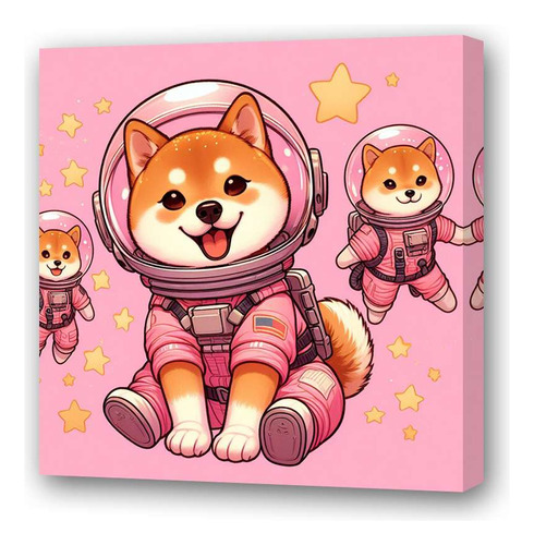 Cuadro 20x20cm Shiba Inu Perro Astronauta Fondo Rosa