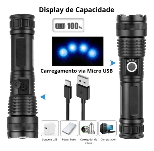 T9 Lanterna Tática Led Recarregável Ex Decor A Mais Potente Zoom Xhp50 Luz Branco A Prova D'agua