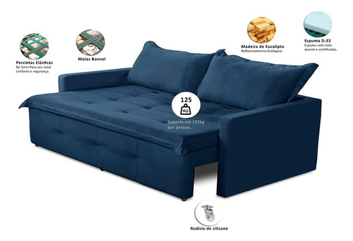 Sofá Sem Caixa Ret Reclinável 2,00m Molas Maísa Suede Azul