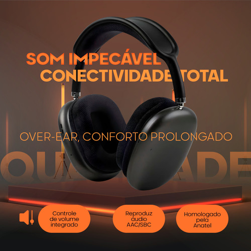 Fone De Ouvido Bluetooth Sem Fio P9 Ergonômico Cor Preto