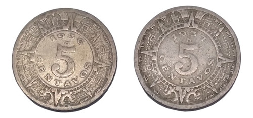 Monedas 5 Centavos Calendario Azteca 2 Piezas Años 30's 