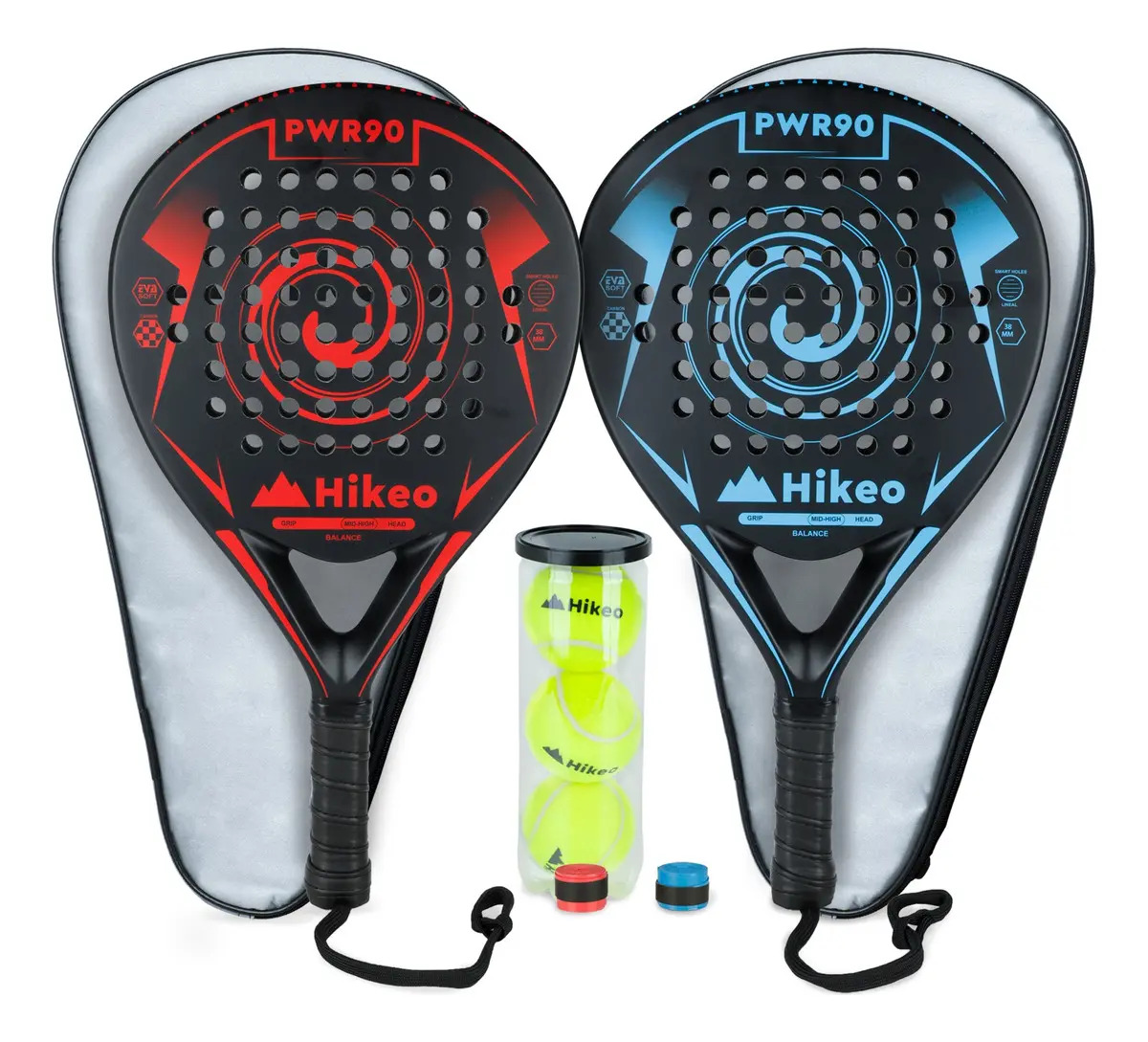 2 Palas de Padel con Fundas, 3 Pelotas y 2 Grips. Kit de Raquetas para Padel Fabricadas con Espuma EVA Flexible y 100% Fibra de Carbono Resistente