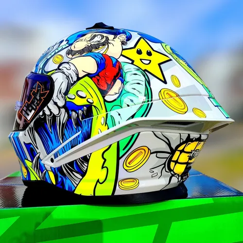Casco Moto Mario Bross Blanco Azul Ece Deportivo Xtrong Rs