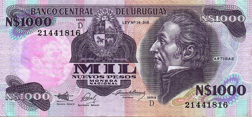 Imagen 1 de 2 de Billete Uruguay - 1000 Nuevos Pesos -1992 - En Mendoza