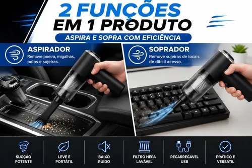 Mini Aspirador Automotivo Portátil Sem Fio Recarregável USB Carro e Teclado