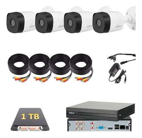 Kit De Video Vigilancia 4 Cámaras Bala 1mp B1a11 Dahua - Dvr 4 Canales High Defenition 720p - Disco 1tb - Cables 20 Mts - Accesorios Kitdah4bp1mc1tb Cctv Circuito Cerrado Procam