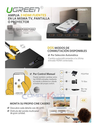 Switch Selector Hdmi 3x1 3 Entradas A 1 Salida Ugreen 2k 4k