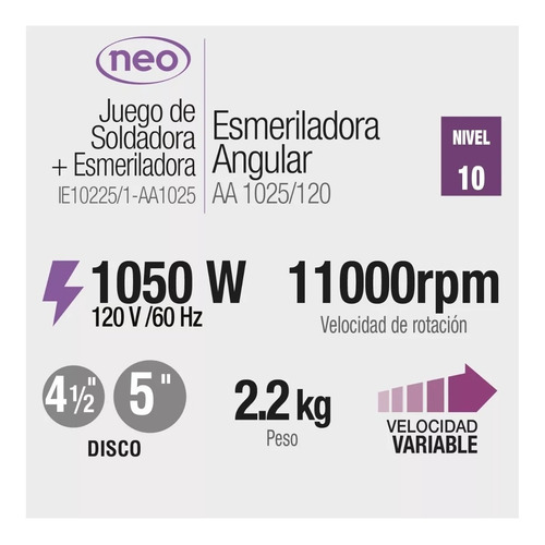 Soldadora Electrodo Neo + Esmeriladora Discos Ie10225aa1025