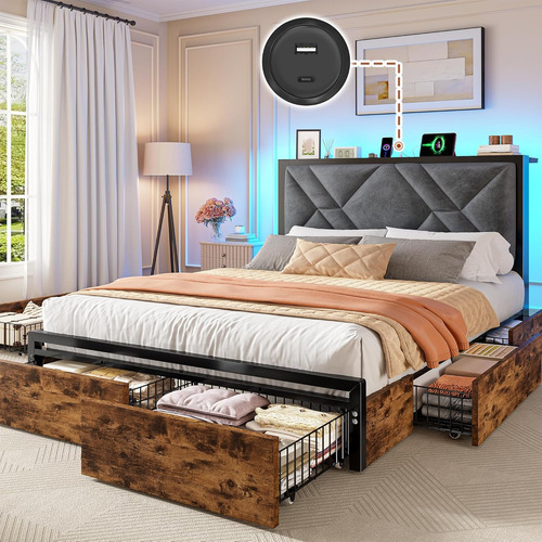 Base De Cama Matrimonial Con Luz Led,6 Cajones Marron Marron Vintage