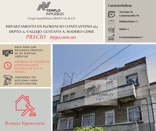 Vendo Departamento En Florencio Constantino 263 Depto. 6, Vallejo. Gustavo A. Madero Cdmx. Remate Bancario. Certeza Jurídica Y Entrega Garantizada