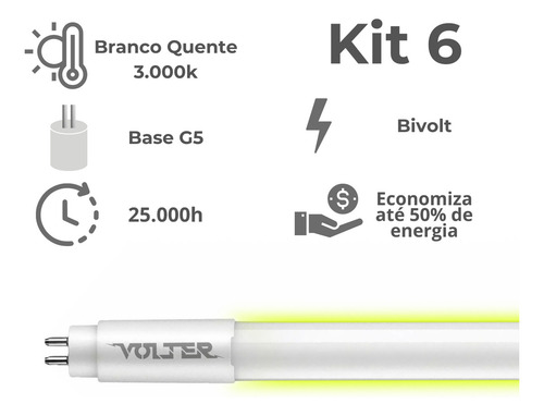 Kit 6 Lâmpada Led Tubular Volter 18w T5 115cm G5 127/220V Branco Quente 3000k 1900lm