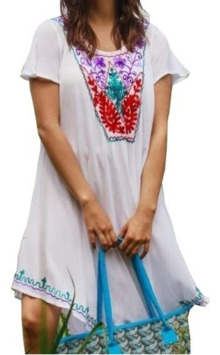 Vestido Solero Playa Bordado C/mangas Cuello Red. 100% Algod