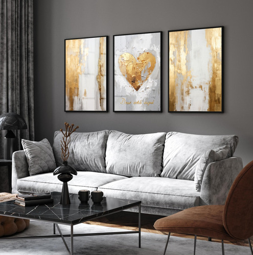 3 Quadros Decorativos Abstrato Coração Dourado Frases Vidro